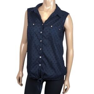Anne Klein Sleeveless Shirt Womens Size Large Navy Blue Swiss Dot Tie Hem Top